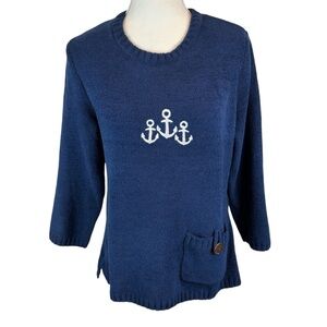 Lulu-B Anchor Sweater Chenille Navy Blue White Embroidery - Size Small